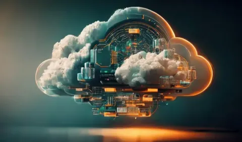 Digital cloud with circuit patterns and glowing orange elements representing technology.