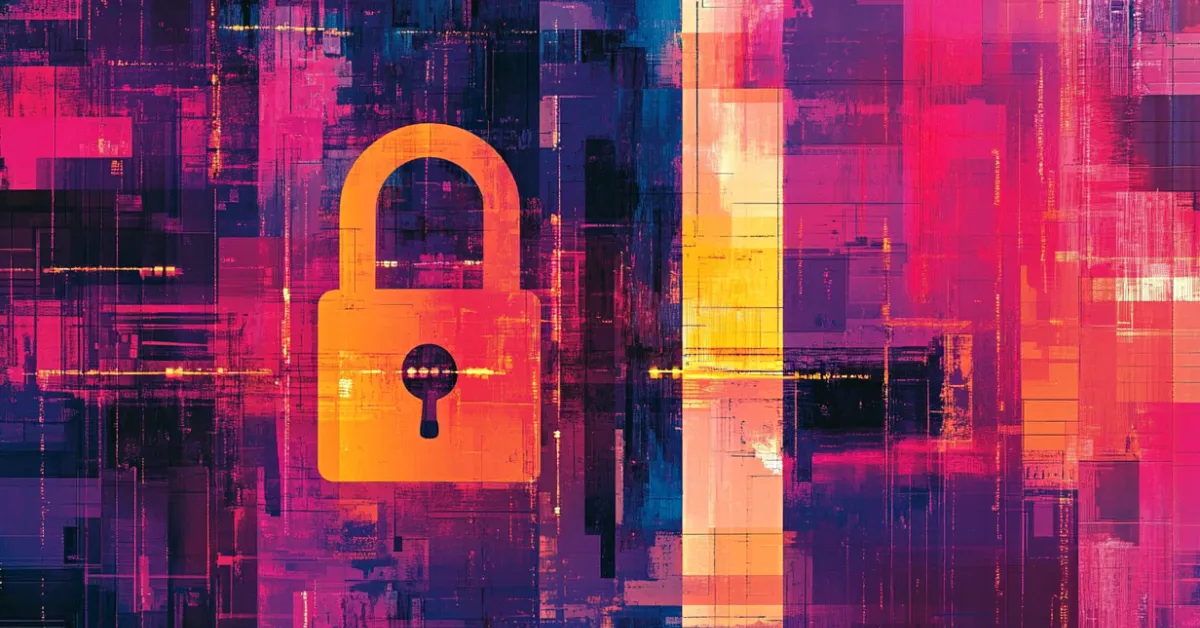 The vivid digital artwork showcases an orange padlock symbol, seamlessly blending with abstract patterns of pink, purple, and yellow, echoing the essence of SaaS identity.
