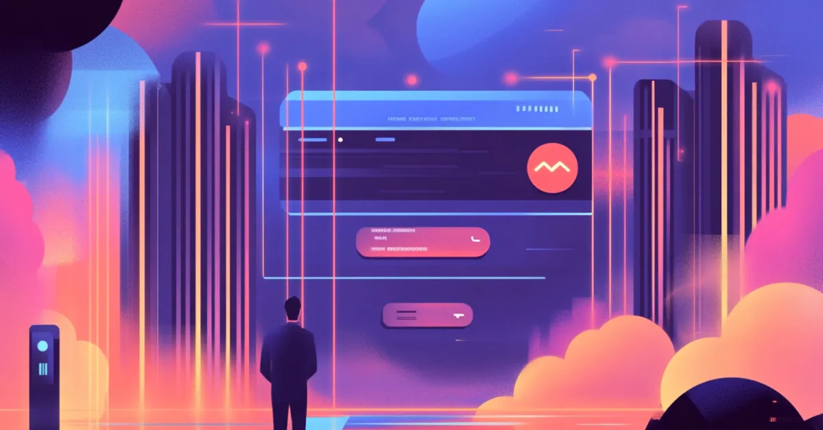 A person stands before a futuristic, digital cityscape with glowing buildings and screens.
