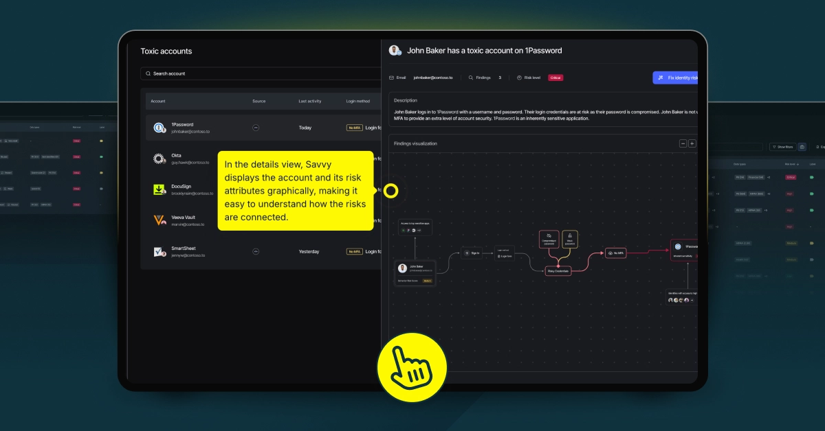 User interface displaying a risk analysis dashboard with account and graphical risk connections.