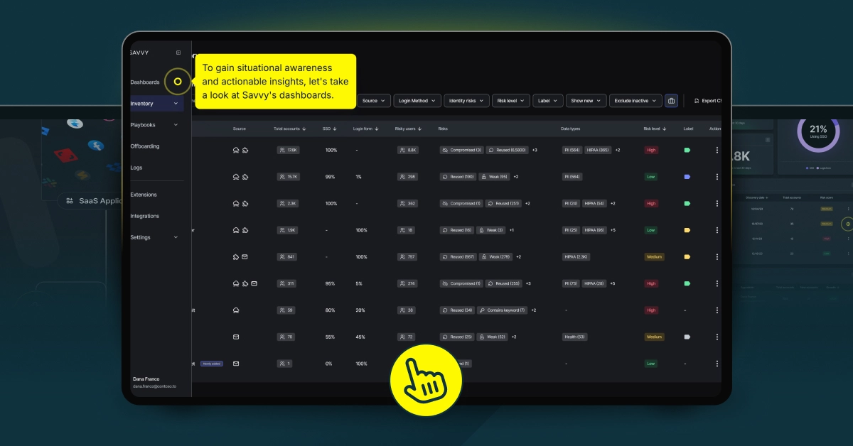 Tablet displaying a dark-themed dashboard with various metrics and a highlighted instructional note.