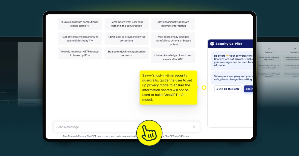 Computer screen displaying a security prompt and text about AI privacy settings.