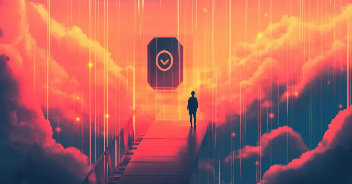 Silhouette of a person walking on a bridge toward a futuristic portal in a vibrant sky.