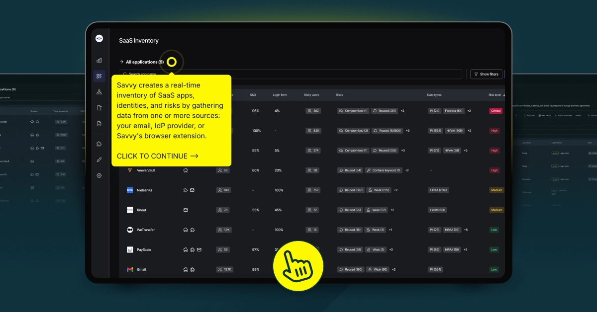 Tablet displaying a SaaS inventory app dashboard with a highlighted information popup.