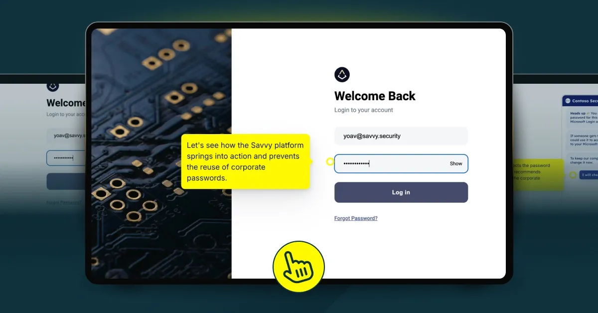 Login screen with a message about preventing password reuse, beside a circuit board pattern.