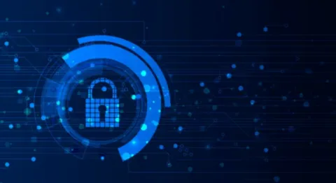 Digital security concept with a padlock icon and circuit lines on a dark blue background.