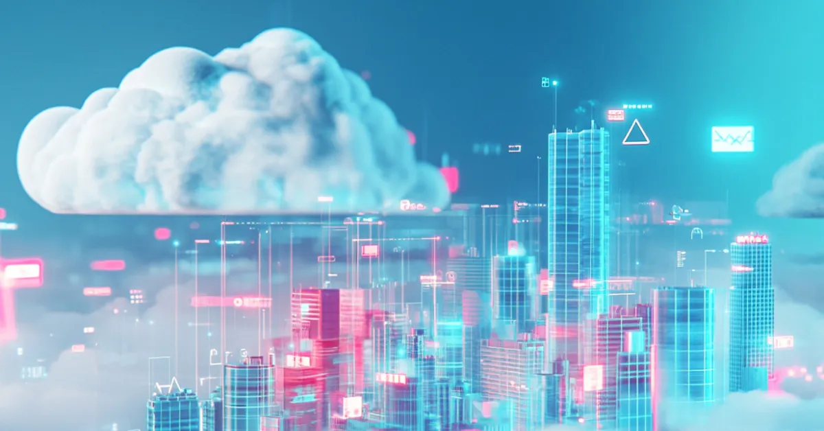 Futuristic cityscape with digital grid overlay and large cloud above.