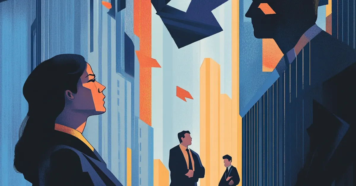 Illustration of businesspeople in a cityscape with large shadows of skyscrapers.