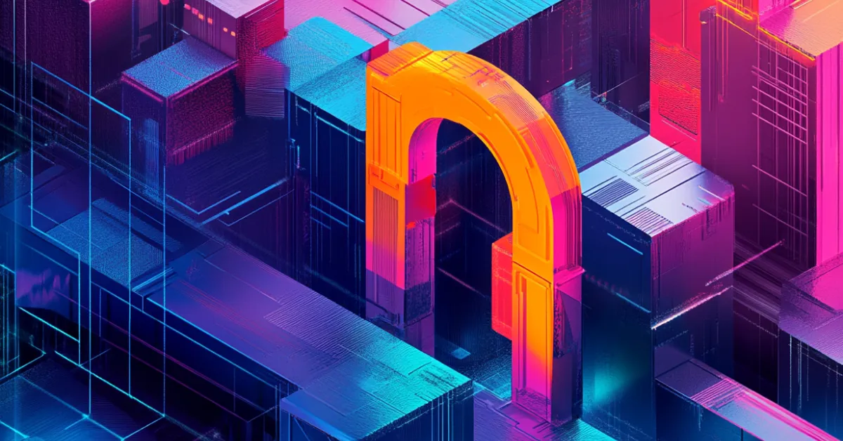 Futuristic digital art with a glowing orange arch among colorful geometric structures.