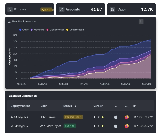 how-works-image-1 SaaS dashboard showing risk score, accounts and apps