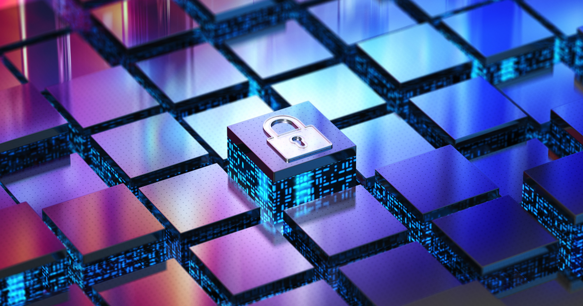 A grid of reflective blue and purple cubes with a central cube featuring a padlock symbol represents digital security, echoing the integrity of SaaS identity protection.