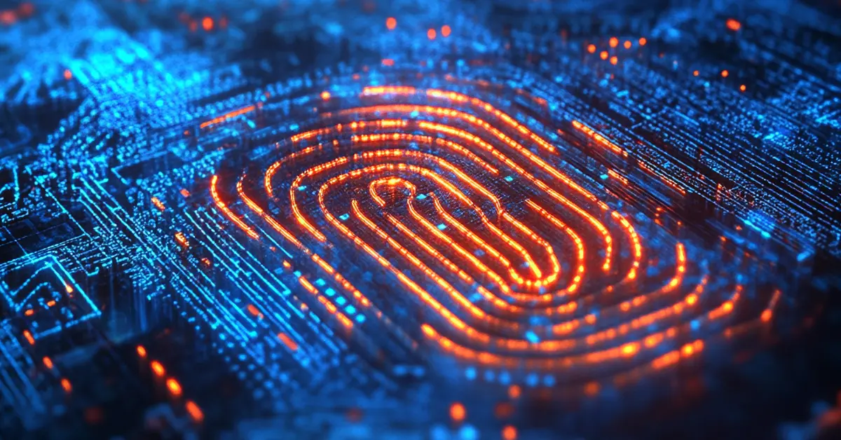 Illuminated circuit board with glowing blue and orange paths forming a pattern.
