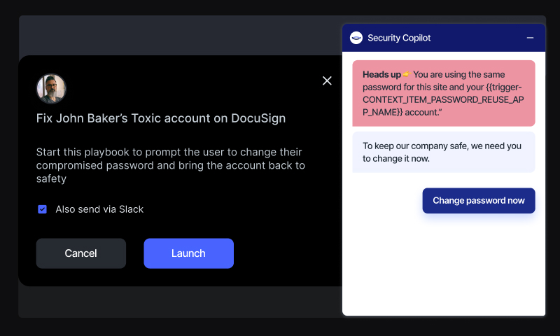playbooks Screenshot of a software interface prompting a user to change a compromised password for a DocuSign account, with options to cancel or launch the process.