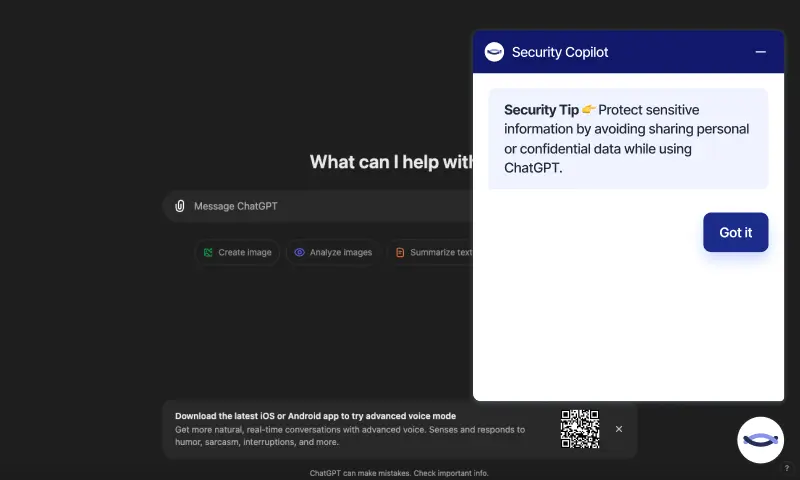 ChatGPT interface with a security tip overlay advising against sharing personal or confidential information.