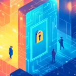 Illustration of people walking among large digital blocks, with a prominent glowing padlock symbol in the center, representing cybersecurity, iam challenges, and data protection.