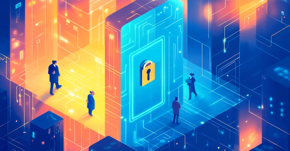 Illustration of people walking among large digital blocks, with a prominent glowing padlock symbol in the center, representing cybersecurity, iam challenges, and data protection.