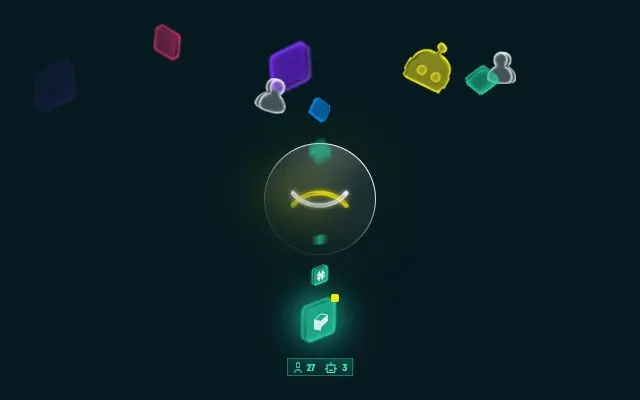 A digital interface displays a central DNA icon surrounded by floating icons, including a robot, people, and geometric shapes, on a dark background.