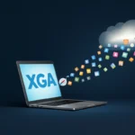 A laptop displaying XGA on the screen with colorful app icons flowing from a cloud graphic toward the laptop on a dark blue background.