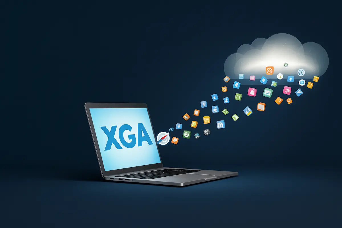 A laptop displaying XGA on the screen with colorful app icons flowing from a cloud graphic toward the laptop on a dark blue background.